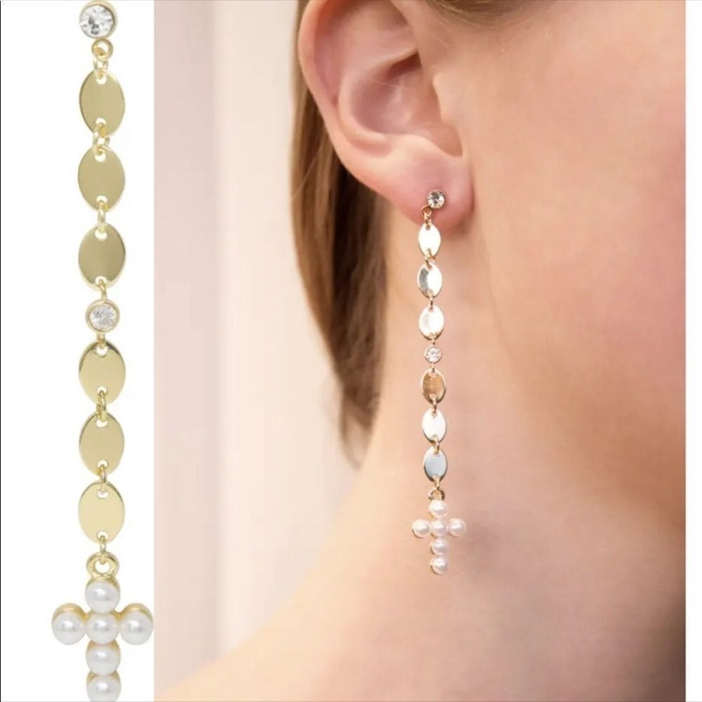 Ettika x Revolve Imitation Pearl Cross 18K Gold Plated Disc Linear Drop Earrings